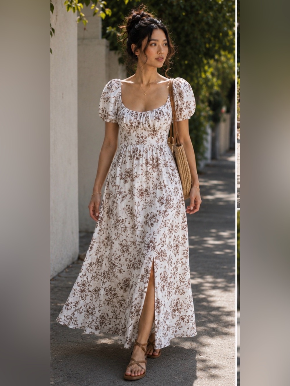 London Times White Maxi Dress with Brown Floral Print and Puff Sleeves